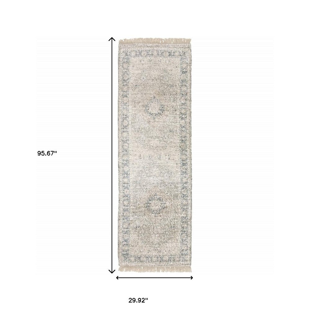 8' Beige And Gray Oriental Hand Loomed Distressed Runner Rug With Fringe
