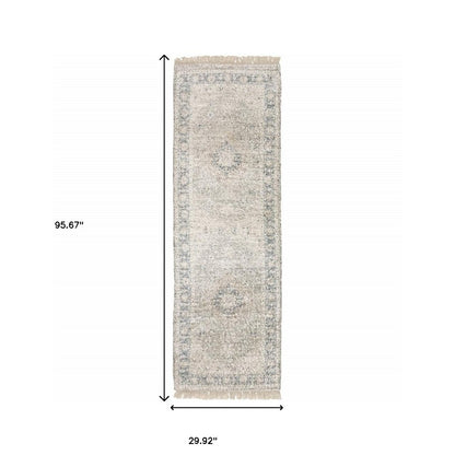 8' Beige And Gray Oriental Hand Loomed Distressed Runner Rug With Fringe