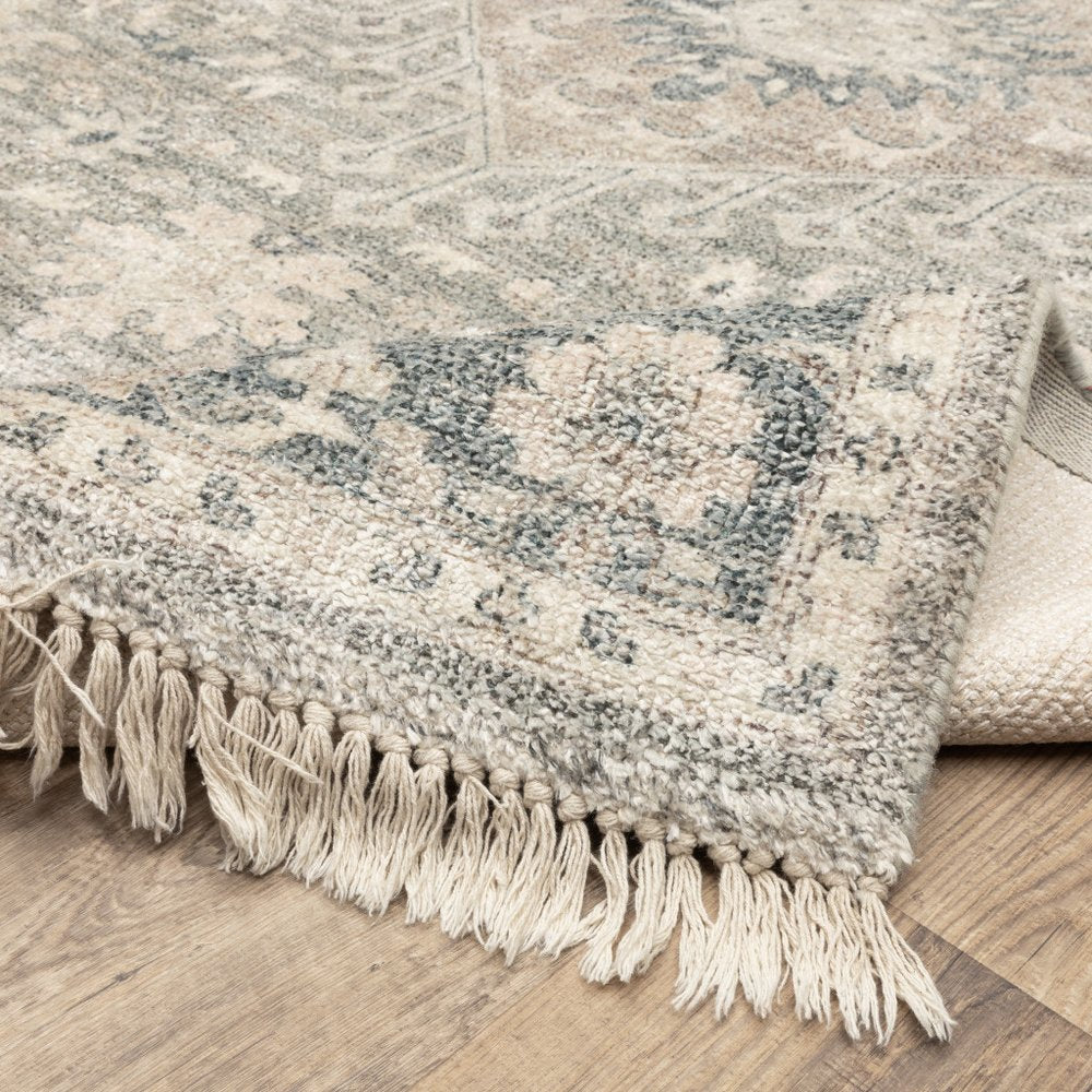 8' Beige And Gray Oriental Hand Loomed Distressed Runner Rug With Fringe
