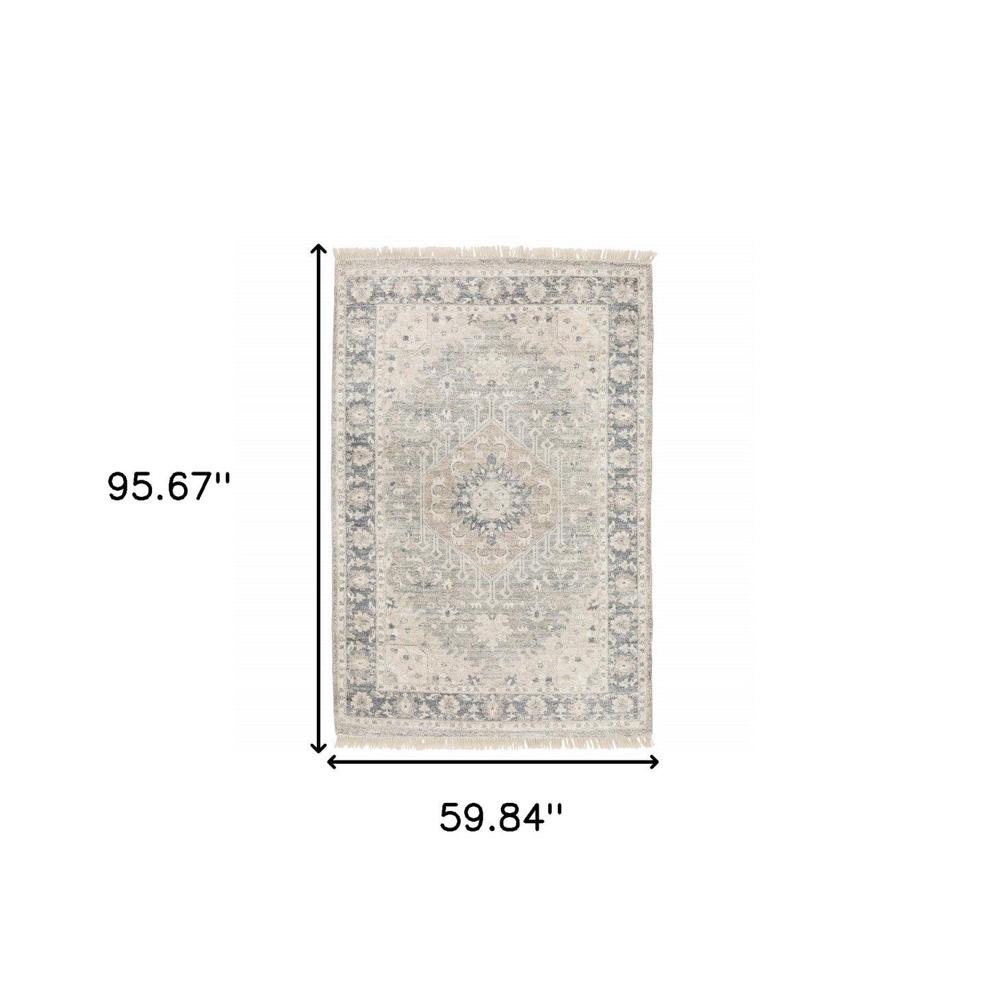 5' X 8' Beige And Grey Oriental Hand Loomed Stain Resistant Area Rug With Fringe