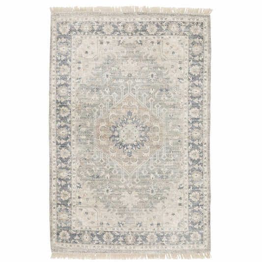 8' X 10' Beige And Grey Oriental Hand Loomed Stain Resistant Area Rug With Fringe