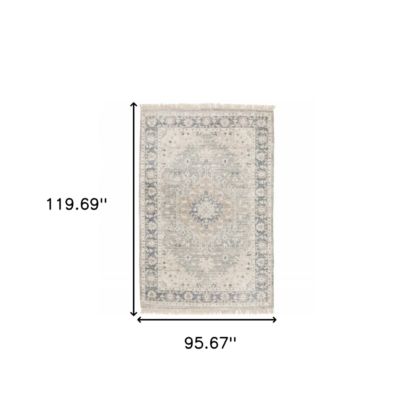 8' X 10' Beige And Grey Oriental Hand Loomed Stain Resistant Area Rug With Fringe