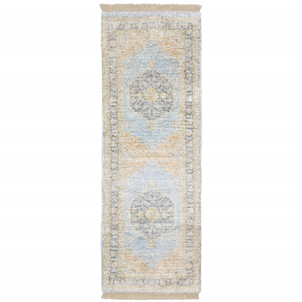 2' X 8' Blue And Beige Oriental Hand Loomed Stain Resistant Runner Rug With Fringe