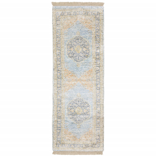 2' X 8' Blue And Beige Oriental Hand Loomed Stain Resistant Runner Rug With Fringe