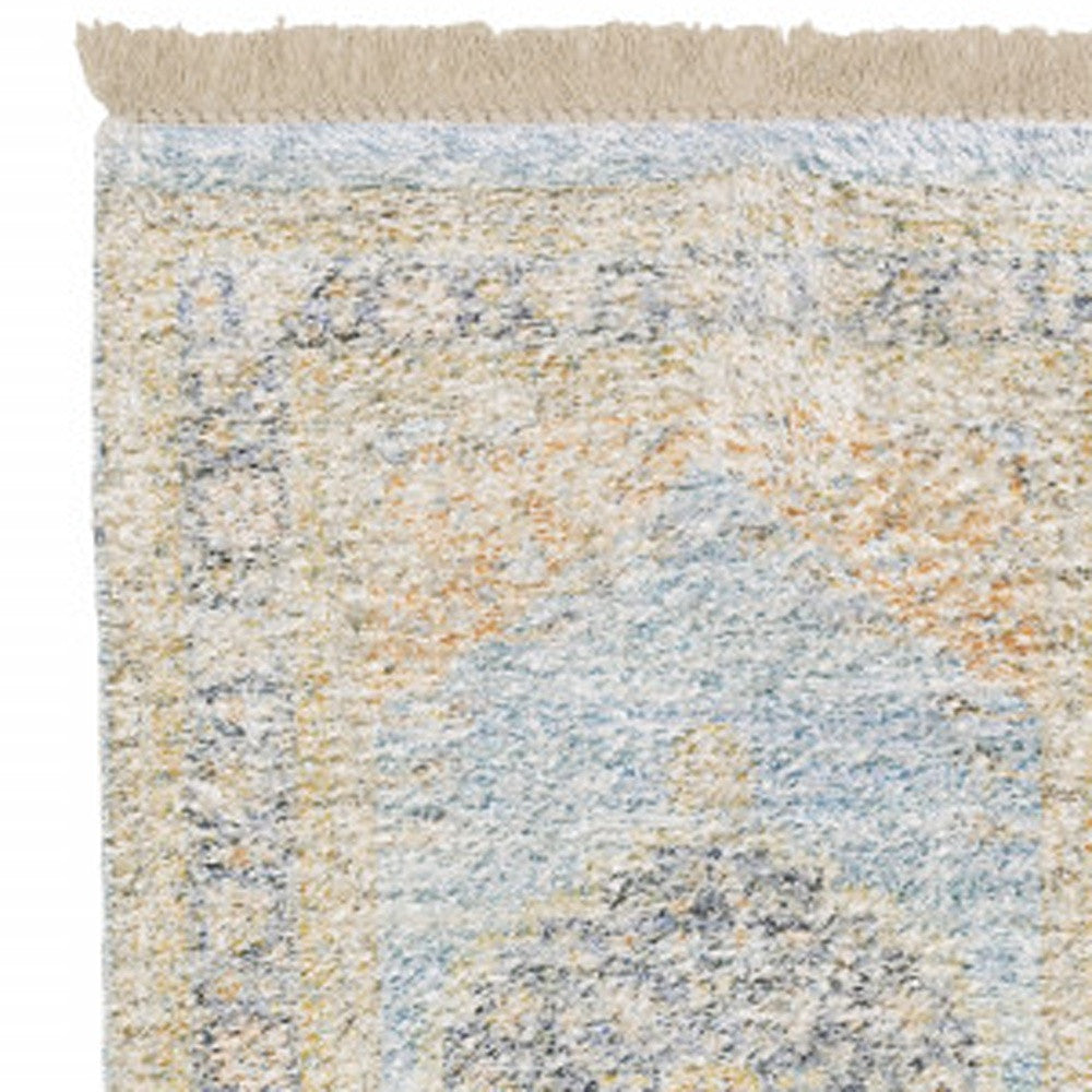 2' X 8' Blue And Beige Oriental Hand Loomed Stain Resistant Runner Rug With Fringe