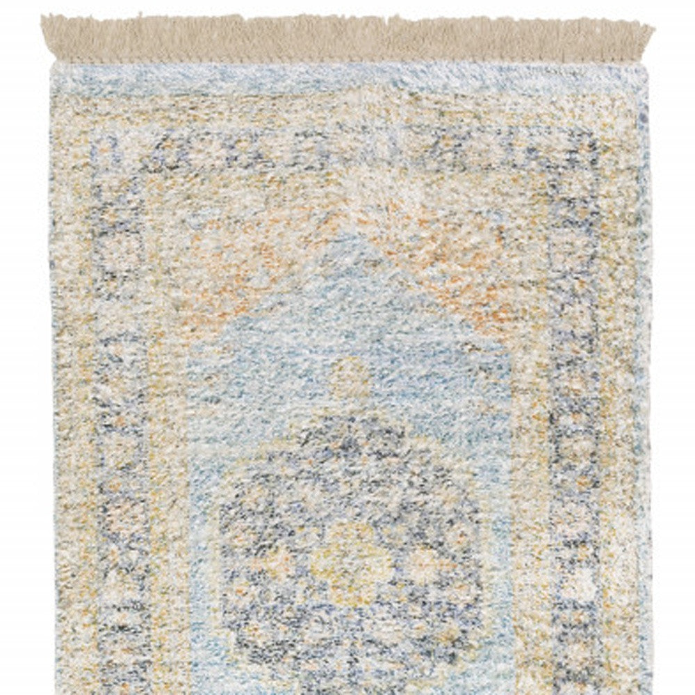 2' X 8' Blue And Beige Oriental Hand Loomed Stain Resistant Runner Rug With Fringe