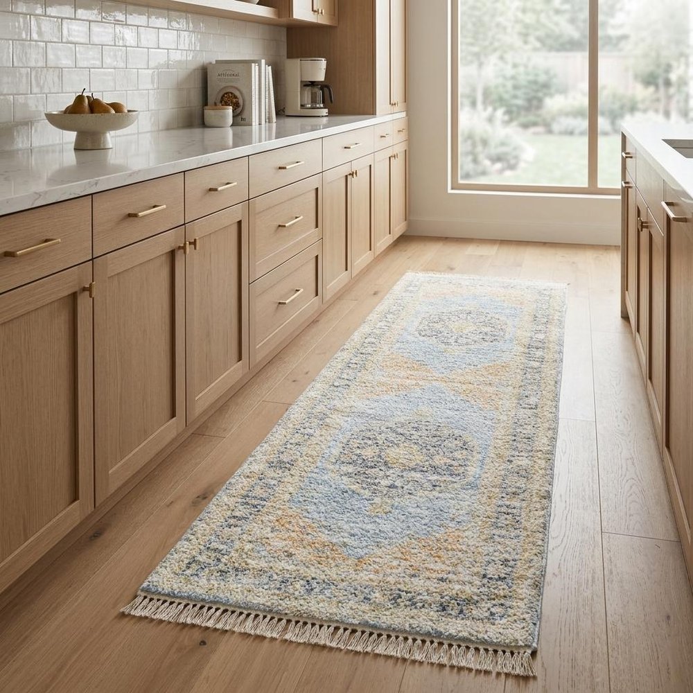 8' Blue And Beige Oriental Hand Loomed Distressed Runner Rug With Fringe