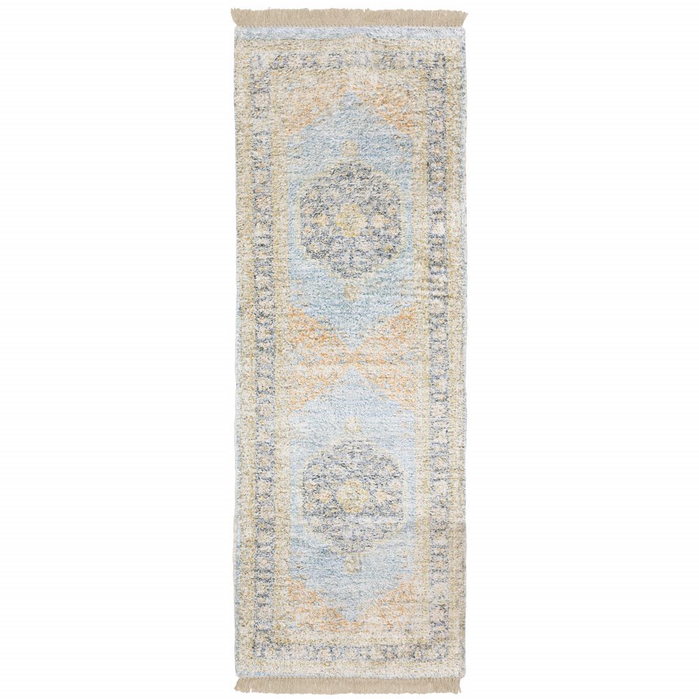 8' Blue And Beige Oriental Hand Loomed Distressed Runner Rug With Fringe