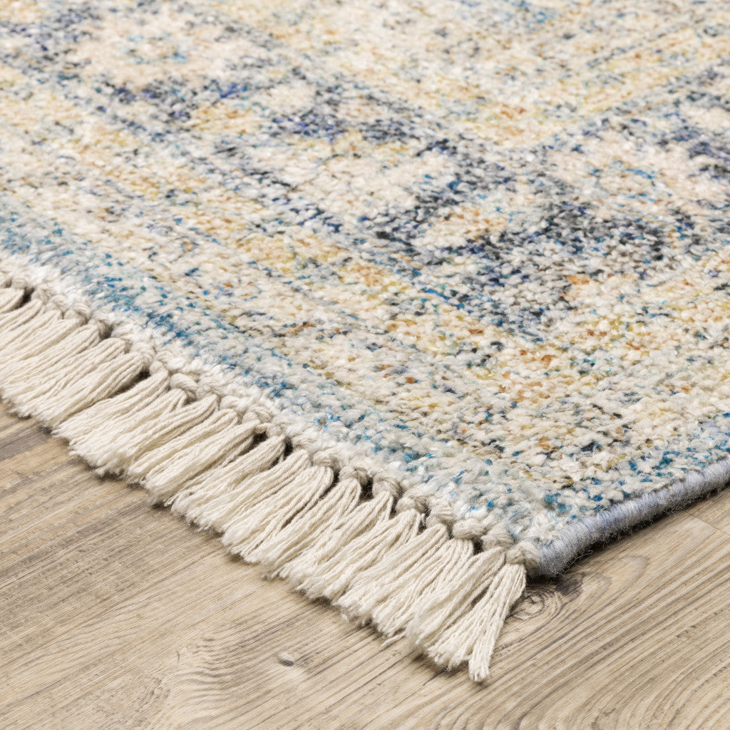 2' X 8' Blue And Beige Oriental Hand Loomed Stain Resistant Runner Rug With Fringe