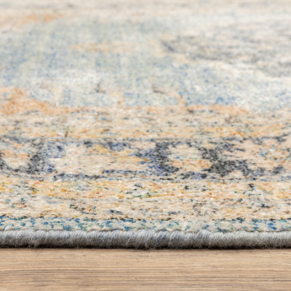 8' Blue And Beige Oriental Hand Loomed Distressed Runner Rug With Fringe