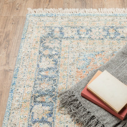 8' Blue And Beige Oriental Hand Loomed Distressed Runner Rug With Fringe