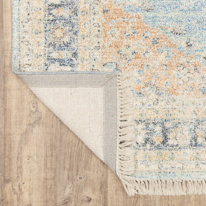 8' Blue And Beige Oriental Hand Loomed Distressed Runner Rug With Fringe