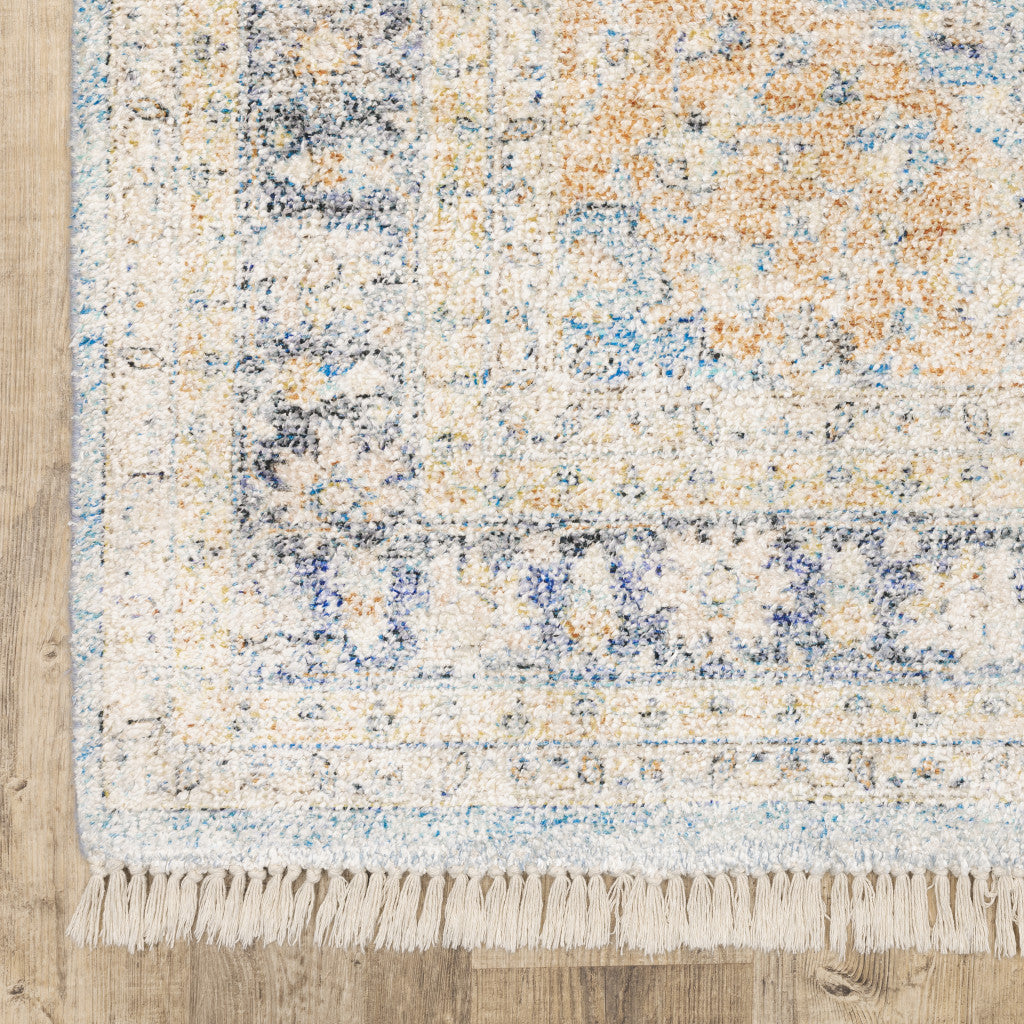 2' X 8' Blue And Beige Oriental Hand Loomed Stain Resistant Runner Rug With Fringe