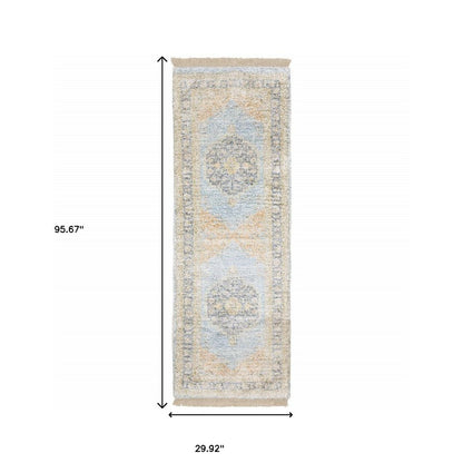 8' Blue And Beige Oriental Hand Loomed Distressed Runner Rug With Fringe