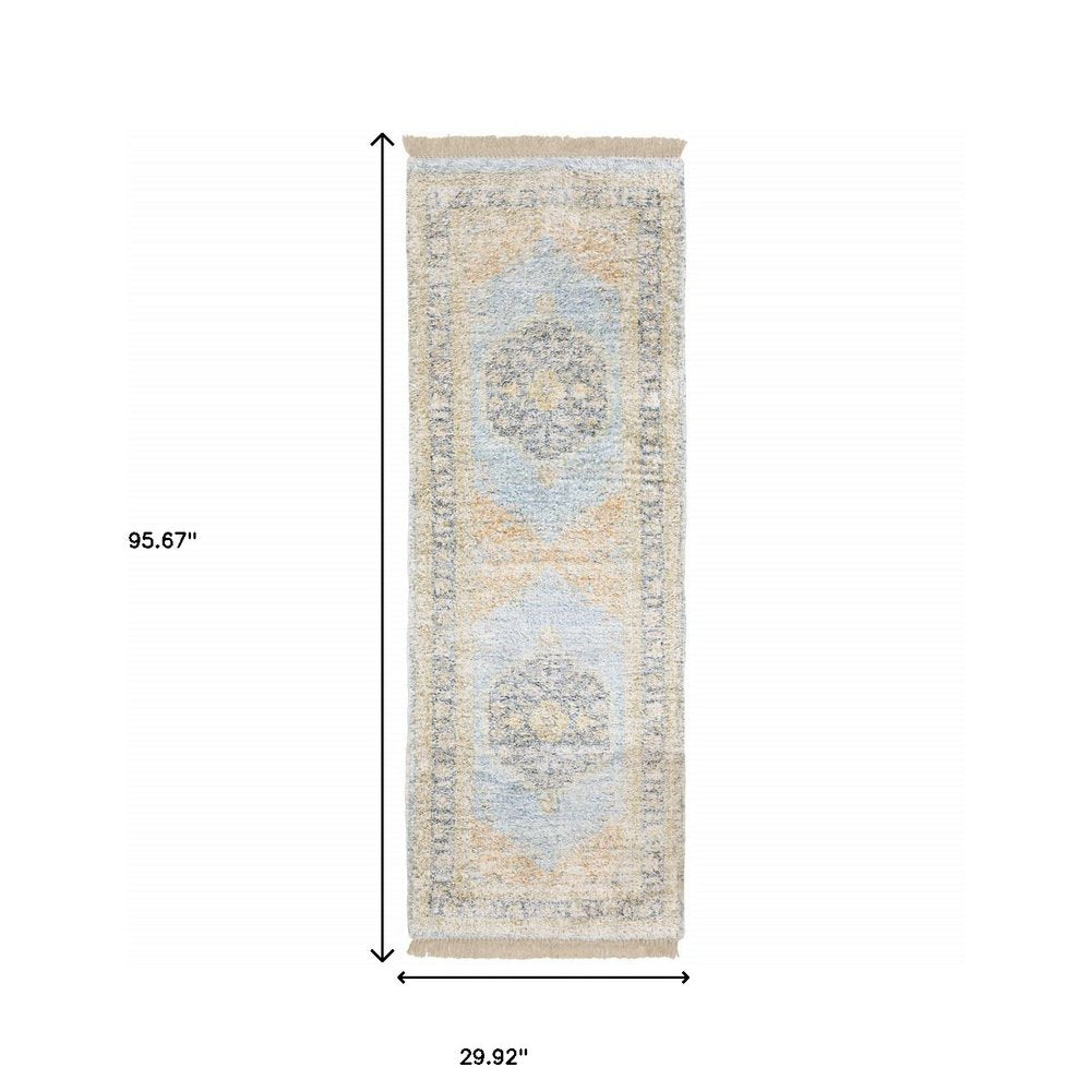 8' Blue And Beige Oriental Hand Loomed Distressed Runner Rug With Fringe