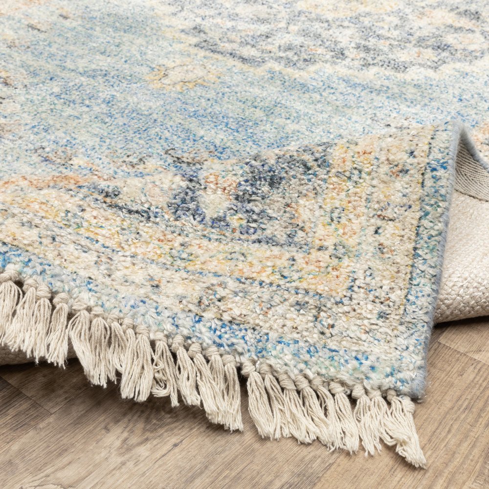 8' Blue And Beige Oriental Hand Loomed Distressed Runner Rug With Fringe