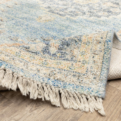8' Blue And Beige Oriental Hand Loomed Distressed Runner Rug With Fringe
