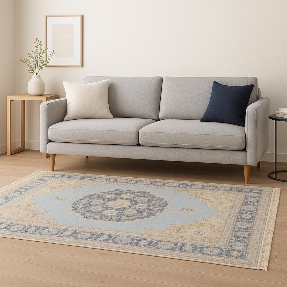 5' X 8' Blue And Beige Oriental Hand Loomed Stain Resistant Area Rug With Fringe