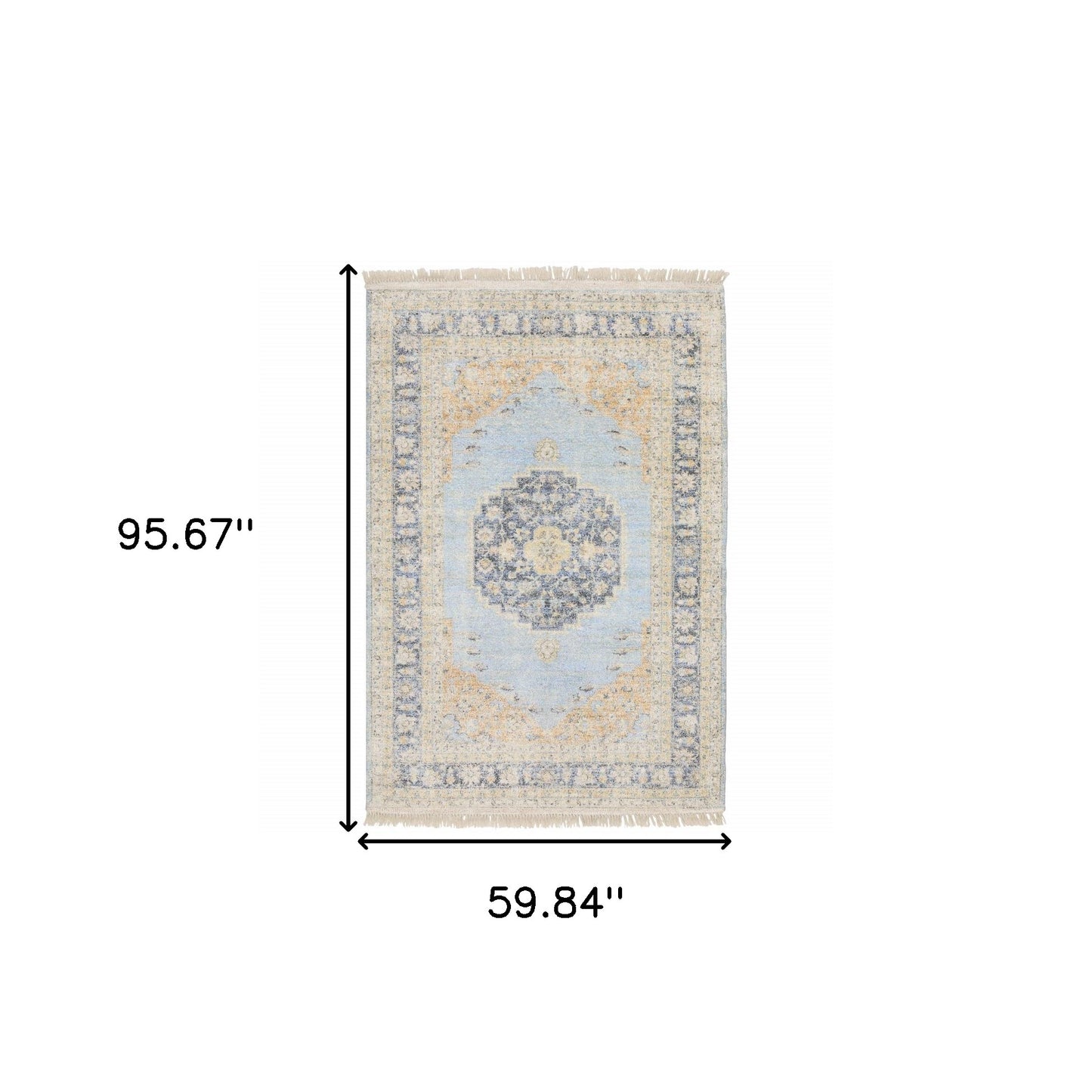 5' X 8' Blue And Beige Oriental Hand Loomed Stain Resistant Area Rug With Fringe