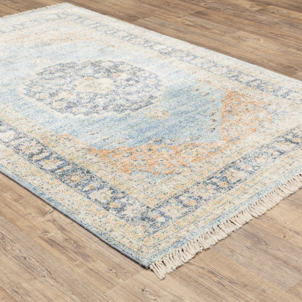 5' X 8' Blue And Beige Oriental Hand Loomed Stain Resistant Area Rug With Fringe