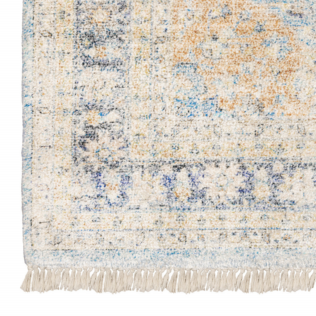 5' X 8' Blue And Beige Oriental Hand Loomed Stain Resistant Area Rug With Fringe