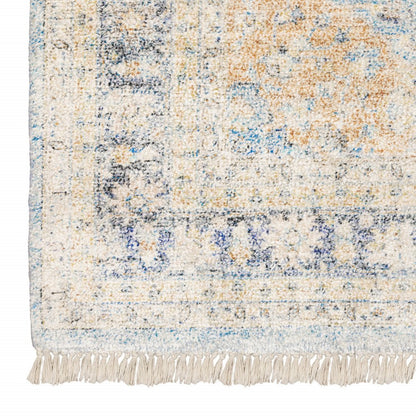 5' X 8' Blue And Beige Oriental Hand Loomed Stain Resistant Area Rug With Fringe