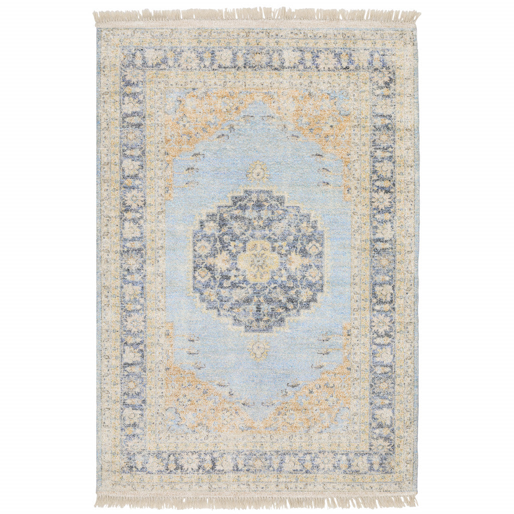 8' X 10' Blue And Beige Oriental Hand Loomed Stain Resistant Area Rug With Fringe