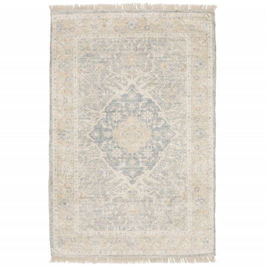 10' X 13' Grey And Beige Oriental Hand Loomed Stain Resistant Area Rug With Fringe