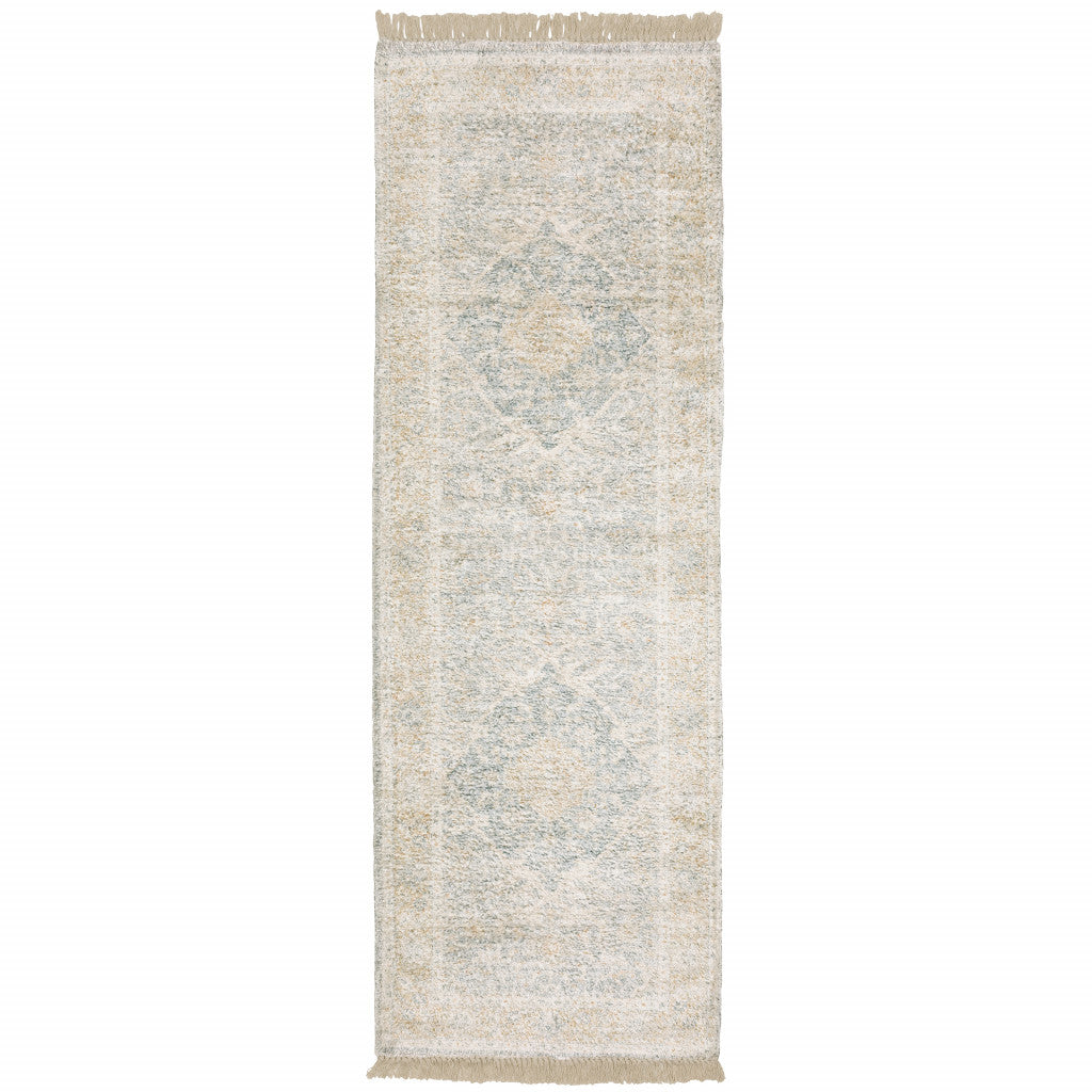 2' X 8' Grey And Beige Oriental Hand Loomed Stain Resistant Runner Rug With Fringe