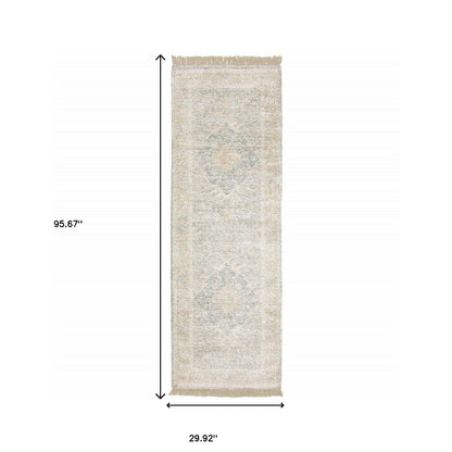 8' Gray And Beige Oriental Hand Loomed Distressed Runner Rug With Fringe