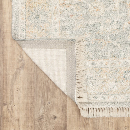 8' Gray And Beige Oriental Hand Loomed Distressed Runner Rug With Fringe