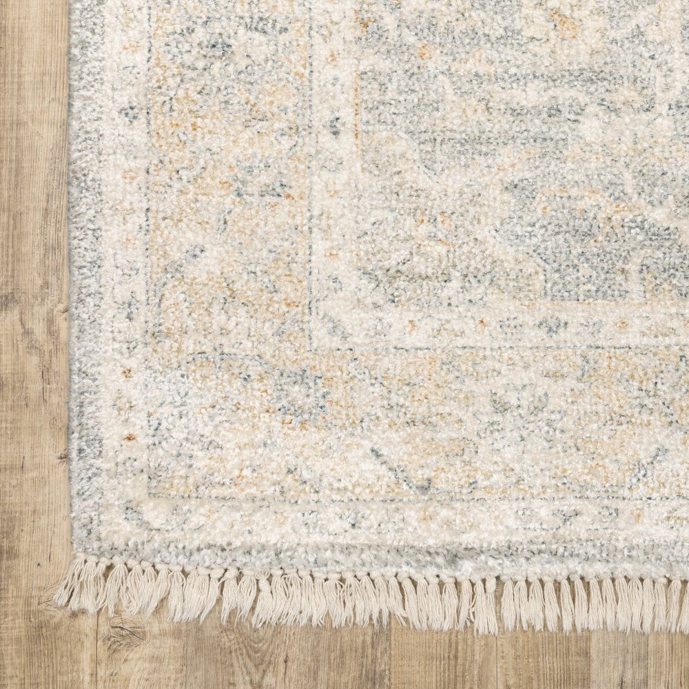 8' Gray And Beige Oriental Hand Loomed Distressed Runner Rug With Fringe
