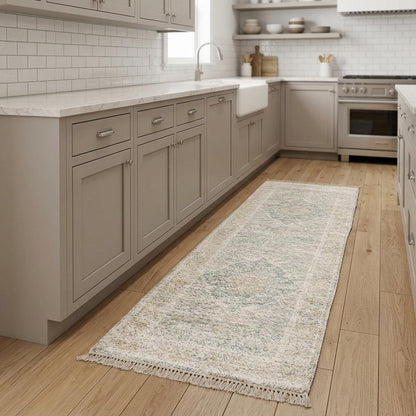 8' Gray And Beige Oriental Hand Loomed Distressed Runner Rug With Fringe