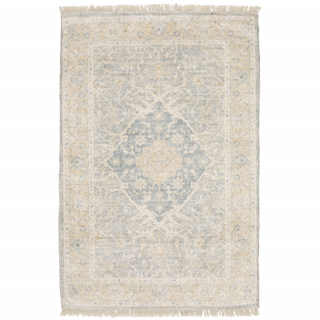 5' X 8' Grey And Beige Oriental Hand Loomed Stain Resistant Area Rug With Fringe