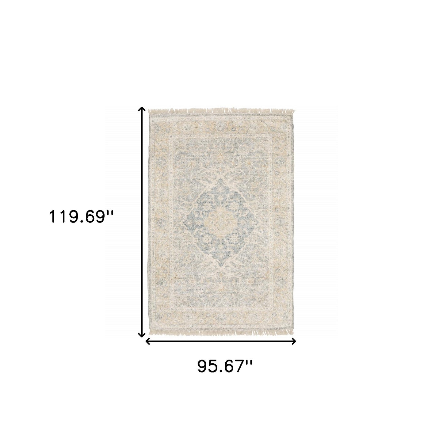 8' X 10' Grey And Beige Oriental Hand Loomed Stain Resistant Area Rug With Fringe