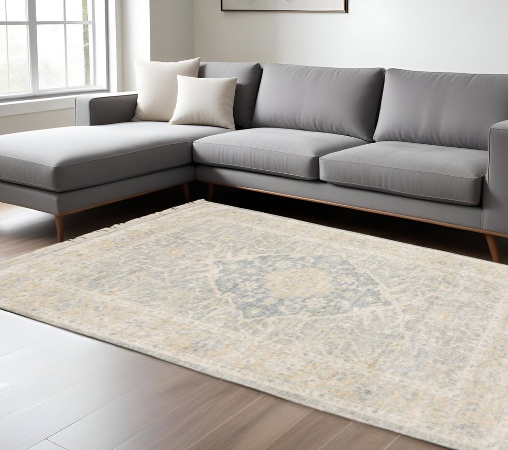 8' X 10' Grey And Beige Oriental Hand Loomed Stain Resistant Area Rug With Fringe