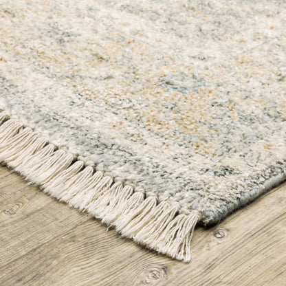 8' X 10' Grey And Beige Oriental Hand Loomed Stain Resistant Area Rug With Fringe