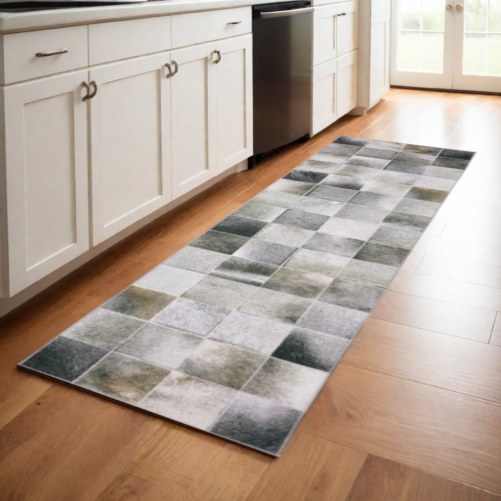 8' Gray Brown and Ivory Geometric Power Loom Runner Rug