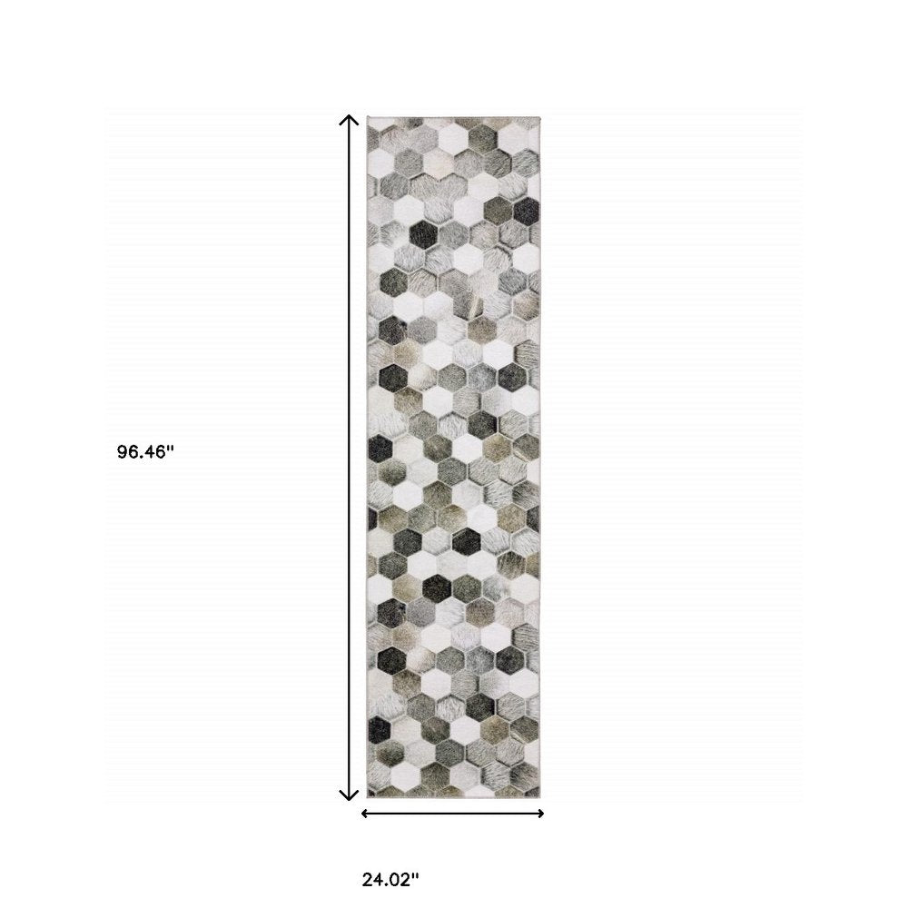 8' Gray And Charcoal Geometric Runner Rug