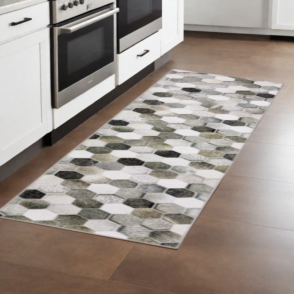 8' Gray and Ivory Geometric Power Loom Runner Rug