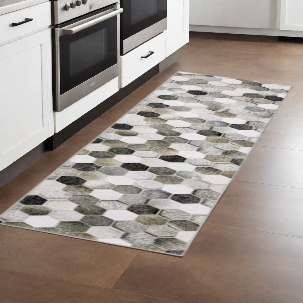 8' Gray And Charcoal Geometric Runner Rug