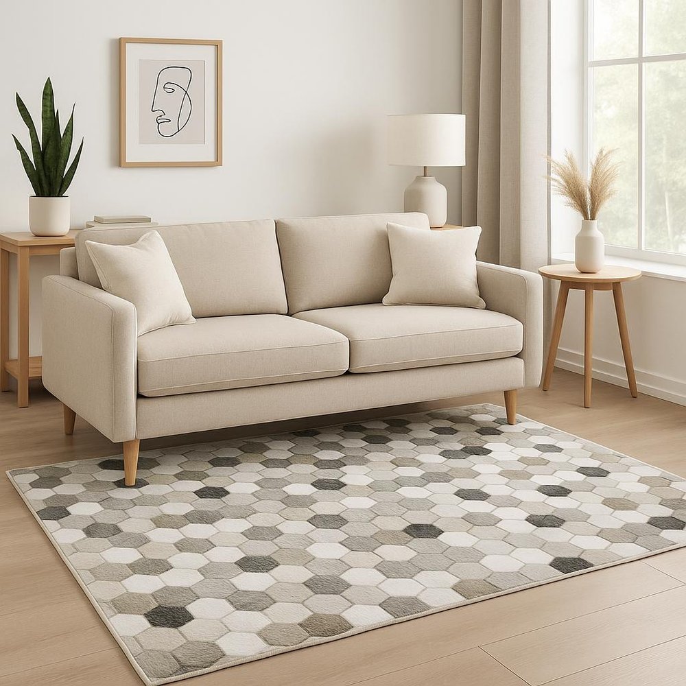 5' X 7' Grey Charcoal Brown Tan And Ivory Geometric Power Loom Stain Resistant Area Rug