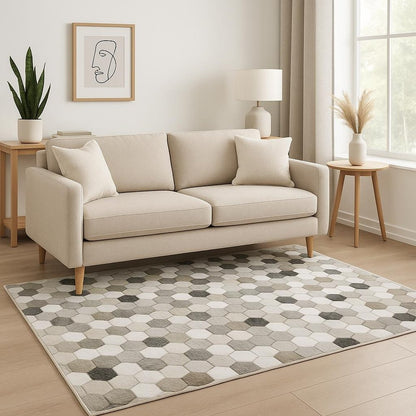 5' X 7' Grey Charcoal Brown Tan And Ivory Geometric Power Loom Stain Resistant Area Rug