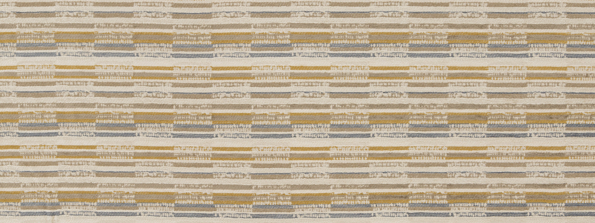 Flat-weave upholstery fabric with thin horizontal stripes in beige, gray, tan, blue-gray and mustard.