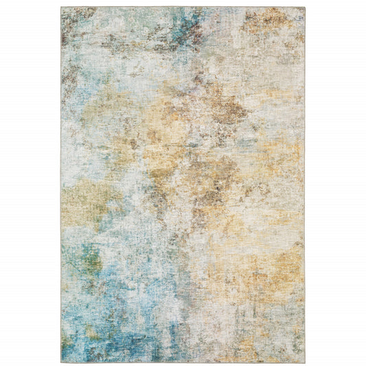 8' X 10' Yellow Gold Blue Green Brown Grey And Beige Abstract Power Loom Stain Resistant Area Rug