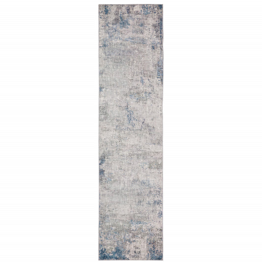 2' X 8' Grey And Blue Abstract Power Loom Stain Resistant Runner Rug