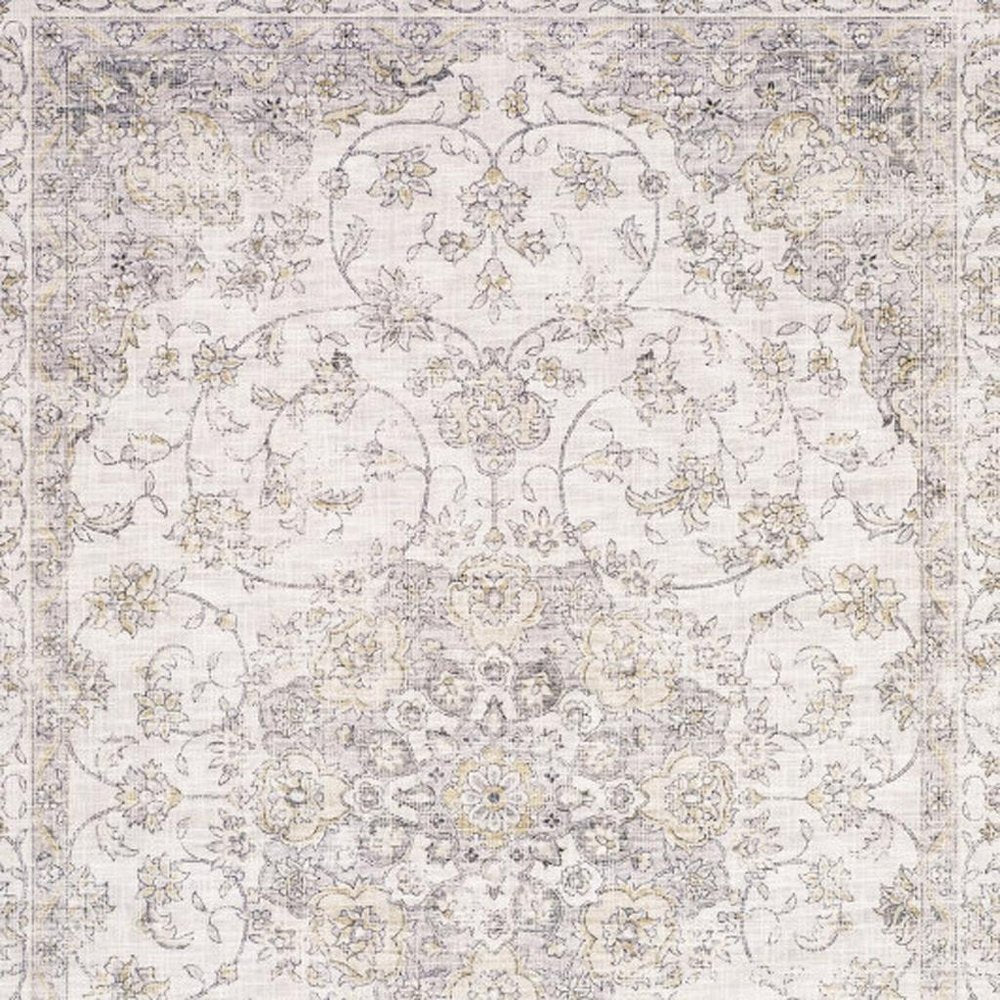 5' X 7' Beige Gold And Grey Oriental Power Loom Stain Resistant Area Rug