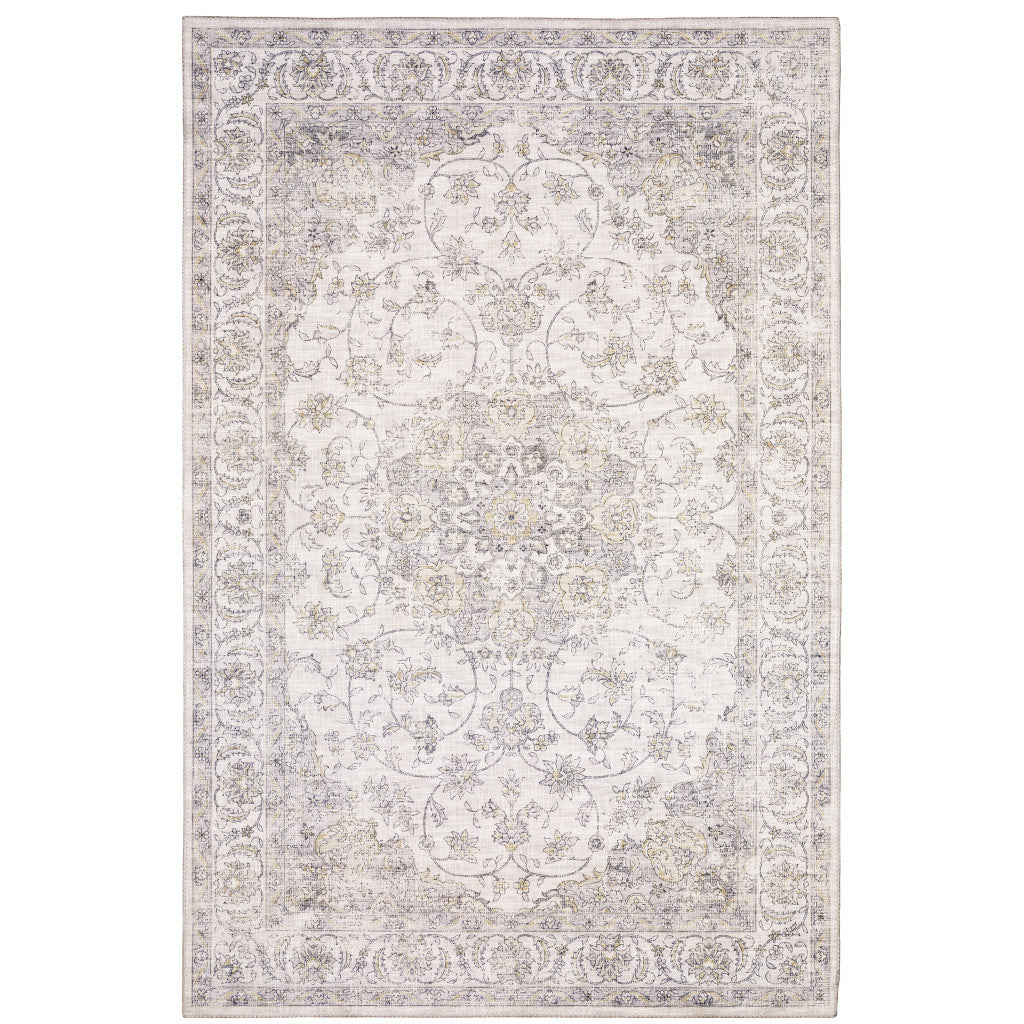 8' X 10' Beige Gold And Grey Oriental Power Loom Stain Resistant Area Rug