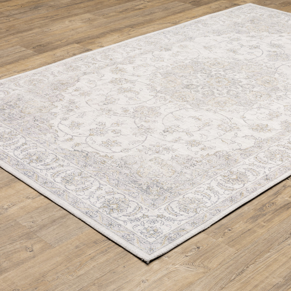 8' X 10' Beige Gold And Grey Oriental Power Loom Stain Resistant Area Rug