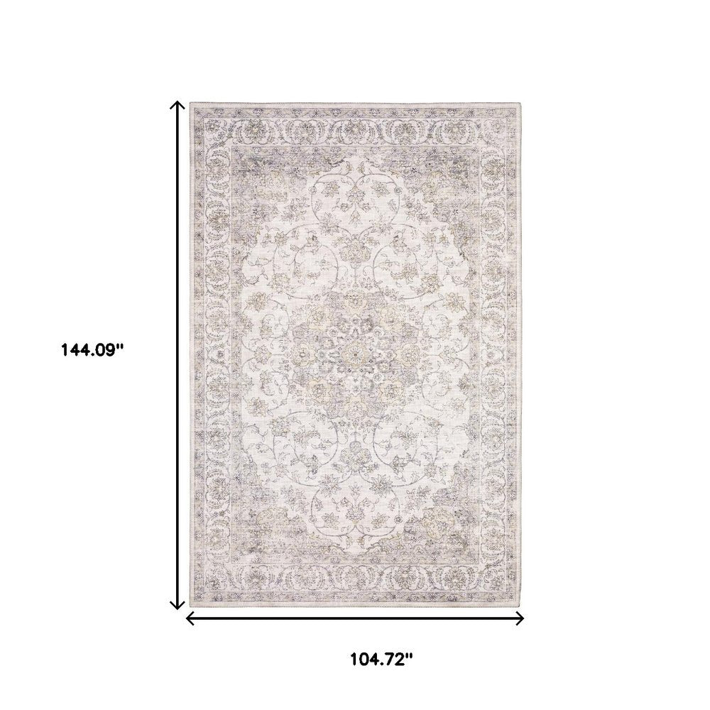 9' X 12' Beige Gold And Grey Oriental Power Loom Stain Resistant Area Rug